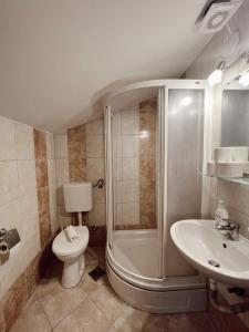 a bathroom with a shower and a toilet and a sink at Apartments Buljanovic in Pag +36 photos