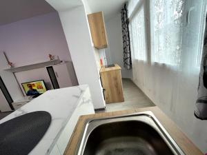 a bathroom with a sink in the middle of a room at Julia Apartament in Zalău