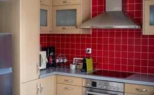 a kitchen with red tiles on the wall at Holiday Lefkas Moonlight Luxury Appartments in Nikiana