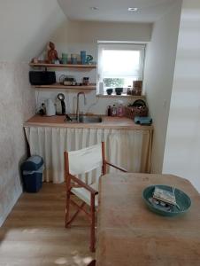 a kitchen with a table and a sink and a table and chair at Tiny House Aqualinde in Breda
