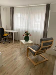Zimmer mit einem Stuhl und einem Tisch mit einer Blumenvase in der Unterkunft Ferienwohnungen Lamisto am Waldesrand in Neckartenzlingen