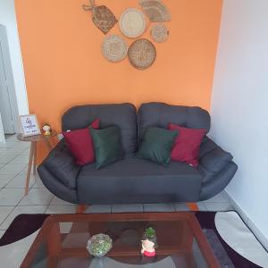 ein blaues Sofa mit bunten Kissen im Wohnzimmer in der Unterkunft Casa de Campina in Campina Grande