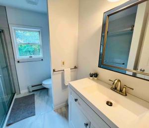 a bathroom with a sink and a mirror and a toilet at Hamptons Escape: Near Beaches, Restaurants, Wineries. in Hampton Bays +50 photos