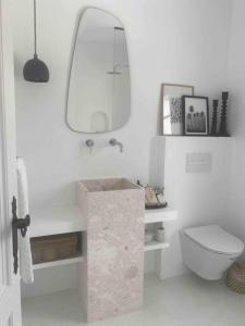 uma casa de banho com um lavatório, um WC e um espelho. em The Bower - Volos FREE DIVING LESSON em Marathos