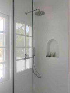 um chuveiro com uma porta de vidro na casa de banho em The Bower - Volos FREE DIVING LESSON em Marathos