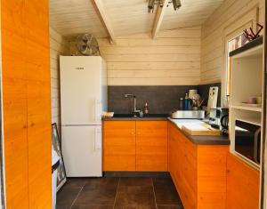 a kitchen with a white refrigerator and wooden cabinets at Le 7 & ses chambres Climatisées ! in Capbreton