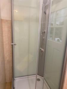 a shower with a glass door in a bathroom at Lavender Cottage in Balatongyörök +16 photos