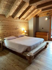 Cama grande en habitación con paredes de madera en LA PIANA DAL SAS, en Gravellona Toce