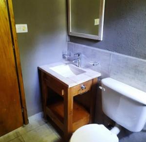 a bathroom with a white sink and a toilet at Las Casitas del Pozo in Villa General Belgrano