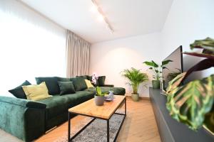 ein Wohnzimmer mit einer grünen Couch und Topfpflanzen in der Unterkunft Home by the Lake nr 8 in Sibiu