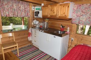 eine kleine Küche mit einer Spüle und einer Mikrowelle in der Unterkunft Pihlajamäen Lomamökit in Vanhakylä