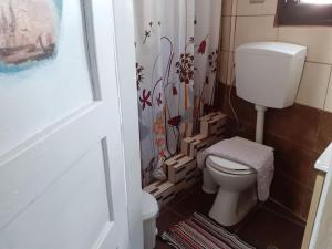 a bathroom with a toilet with boxes on the floor at Ξυλοπετρα / Wood & stone house in Tsagarada