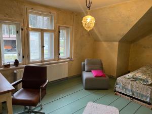 um quarto com uma cama, uma cadeira e um candeeiro em Grüne Villa em Bad Brambach