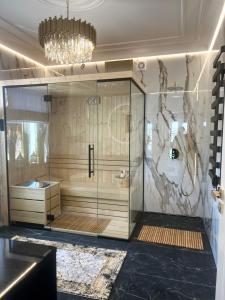 a bathroom with a shower with a glass wall at Ośrodek Wczasowy REWA in Rewa