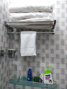 a bathroom with towels and a shelf with a towel at ANDAMAN VILLA in Port Blair