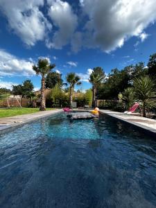 una piscina en un patio con palmeras en Villa aux Palmiers,Piscine 28°,Pétanque,Coeur Bassin, en Audenge