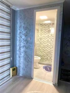 a bathroom with a toilet and a door leading to a shower at Splav Andjela in Kolonija +59 photos