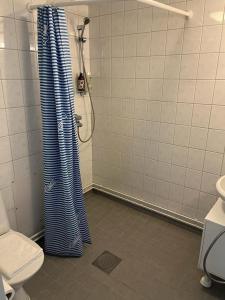 uma casa de banho com uma cortina de chuveiro e um WC em Norppa Resort em Savonlinna