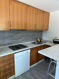 a kitchen with wooden cabinets and a white stove top oven at Quinta do Rio Gerês in Bouro