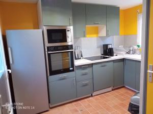 uma cozinha com electrodomésticos de aço inoxidável e armários cinzentos em La fantasia gîte em Saint-Sylvain-dʼAnjou