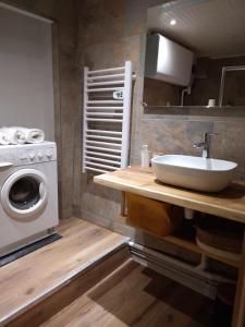 a bathroom with a sink and a washing machine at Appartement Aroma Snow in Briançon