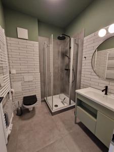 a bathroom with a shower and a toilet and a sink at FeWo NORDKAPP in Warnemünde