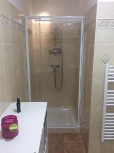 y baño con ducha, bañera y lavamanos. en Le petit ribbas, en Le Cannet-des-Maures