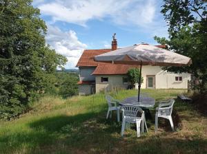 a table with chairs and an umbrella in a field at Chez Ophélie in Saint-Bazile-de-Meyssac