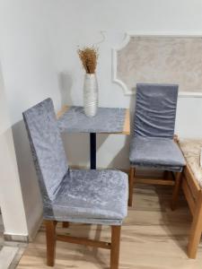 two chairs and a table with a vase on it at Apartmani "Helena" in Arandelovac