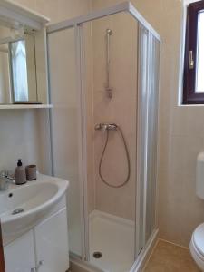 een douche met een glazen deur naast een wastafel bij Oli Umag in Umag +8 foto's