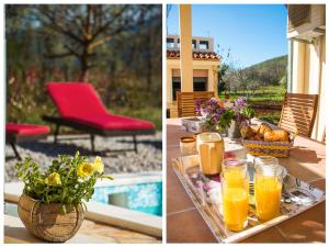 Dos imágenes de una mesa con una bandeja de jugo de naranja. en Villa Romansa near Split- heated pool peace, bbq, en Krušvar