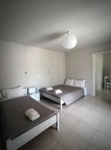 a bedroom with two beds and a lamp in it at Demis Apartments in Sidari