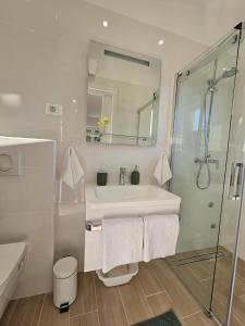 La salle de bains blanche est pourvue d'un lavabo et d'une douche. dans l'établissement Studio Ivona, à Poreč