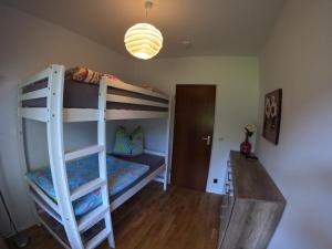 ein Schlafzimmer mit einem Etagenbett mit einer Leiter in der Unterkunft Moderne 3 Zi Ferienwohnung in Winterberg