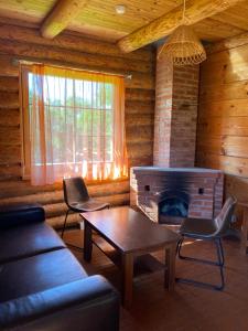 a living room with a fireplace in a log cabin at Atpūtas komplekss Dridži in Krāslava