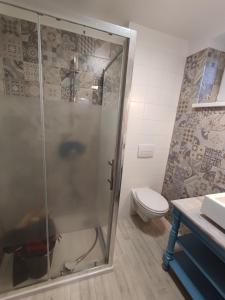 a bathroom with a shower and a toilet at Apartman Šumiac 4 in Šumiac