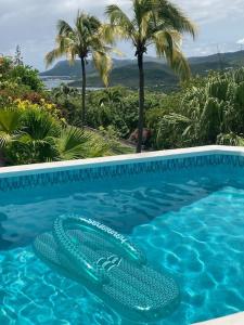une piscine bleue avec des palmiers en arrière-plan dans l'établissement Villa Ocean Blu, à Cap Estate