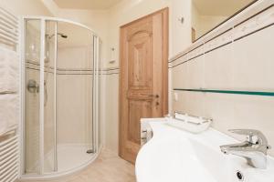 W łazience znajduje się prysznic, umywalka i toaleta. w obiekcie Leishof w mieście Villanders