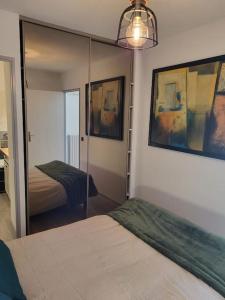 - une chambre avec 2 lits et un miroir dans l'établissement Cocon douillet résidence calme, à Pau