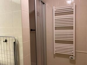 een douche met een glazen deur in de badkamer bij FAMILIENAPPARTMENT MIT GARTEN - Gerlitzen in Deutschberg