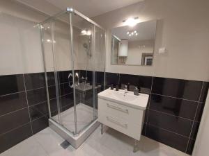 a bathroom with a shower and a sink and a mirror at Orange Tree House in Šipanska Luka +31 photos
