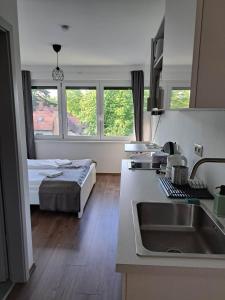 kuchnia ze zlewem i łóżko w pokoju w obiekcie Levander Apartman w Balatonföldvárze
