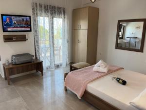 a bedroom with two beds and a television in it at Apartment & Studios Haido in Vourvourou