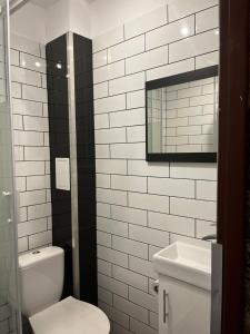 a bathroom with a toilet and a sink and a mirror at Park Hotelik II Piętro in Mielno