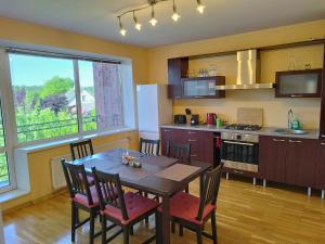 a kitchen with a table and chairs and a kitchen with a table and a kitchen at Spacious & Cozy Apartment with Forest View in Zapyškis