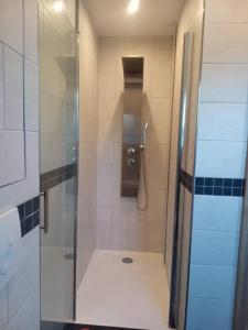 a shower with a glass door in a bathroom at Chez Sandra in Dalhunden +8 photos