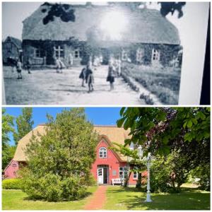 duas fotos de uma casa vermelha e um edifício em Alte Schule SPO em Sankt Peter-Ording