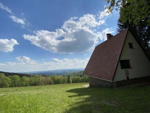 mały domek na wzgórzu z zielonym polem w obiekcie Chata pod Černou horou w mieście Rudník