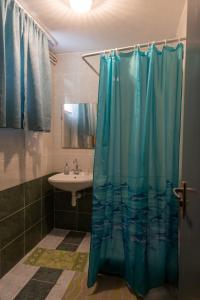 バラトンフレドにあるHuszár Vendégházのバスルーム(青いシャワーカーテン、シンク付)