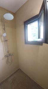 a bathroom with a shower and a window at Villa Agali. in Agia Anna
